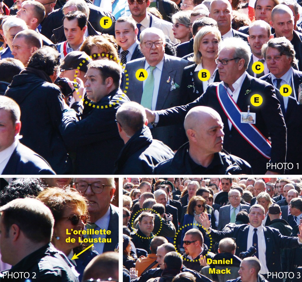 Photo 1 : Jean-Marie Le Pen, Marine Le Pen, Steeve Briois, Gilbert Collard, Jean-Michel Dubois et Mathieu Spieser. Ce dernier, chef de groupe DPS, eu droit à son heure de gloire grâce au site antifasciste Fafwatch