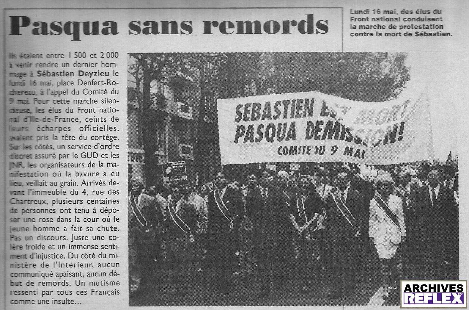 "Lundi 16 mai, des élus du Front National conduisent la marche de protestation contre la mort de Sébastien" Minute du 25 mai 1994