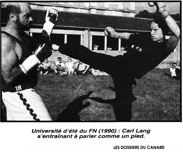 Carl Lang en plein effort. Tiré des dossiers du Canard "Le Pen le vrai"oct. 1992
