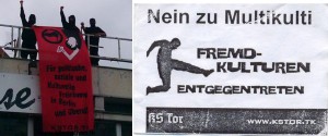 À gauche, la Tor déploie une banderole "Pour des espaces politiques, sociaux et culturels libres à Berlin et partout ailleurs". À droite, un autocollant : "Non au multiculturalisme. Shootons les cultures étrangères."
